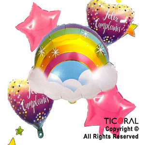 SET DE GLOBOS METALIZADO FELIZ CUMPLE ARCO IRIS CORAZON 5 UNIDADES X 1